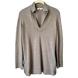 Tory Burch Lizzie Merino Wool V-Neck Knit Tunic Sweater Taupe Women's Size Small